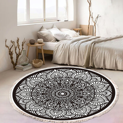 Modern Ethnic Mandala Round Rug with Tassel Print 120cm - Design 2