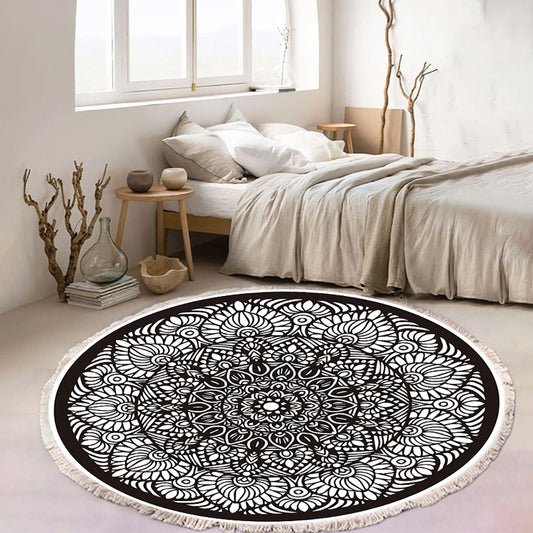 Modern Ethnic Mandala Round Rug with Tassel Print 120cm - Design 2