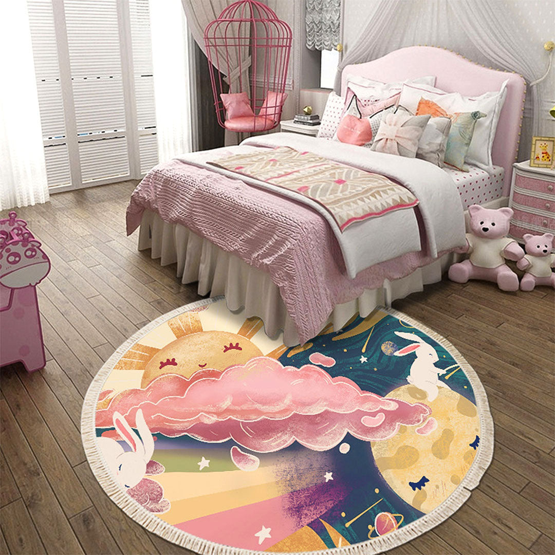 Round Boho Sky and Clouds Tassel Rug 120cm