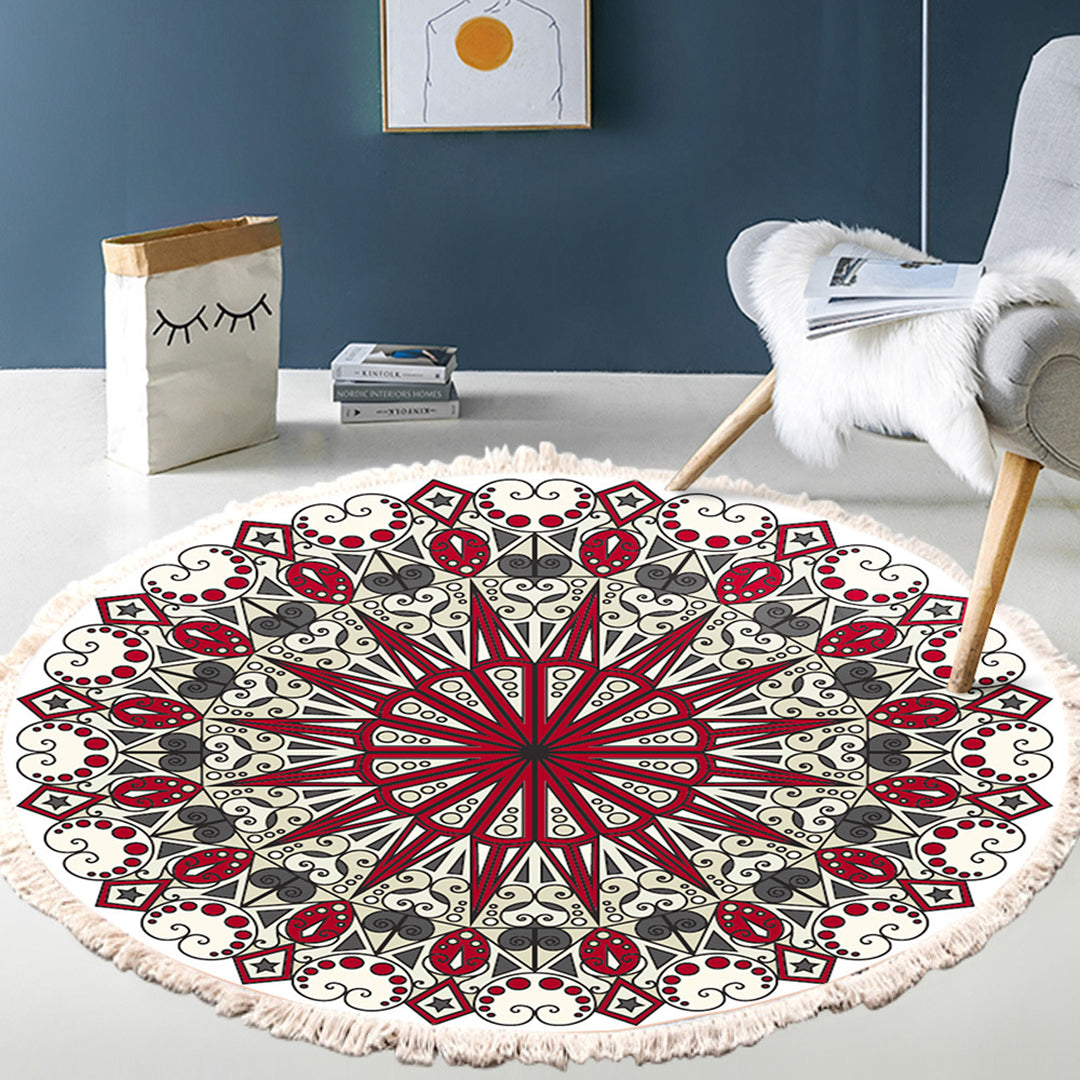 Modern Ethnic Mandala Round Rug with Tassel Print 120cm - Design 1