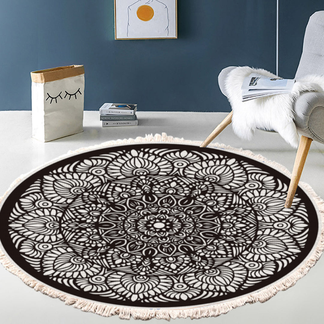 Modern Ethnic Mandala Round Rug with Tassel Print 120cm - Design 2