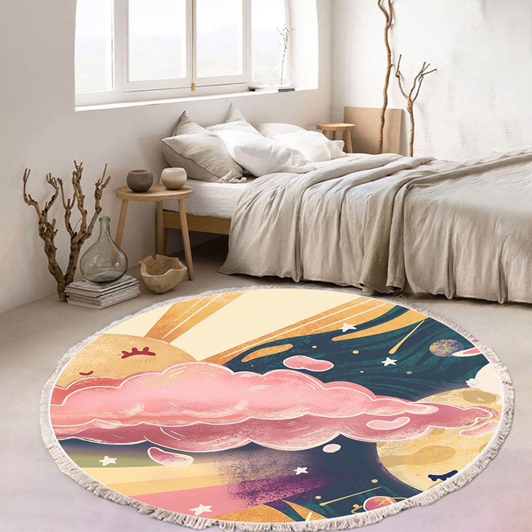 Round Boho Sky and Clouds Tassel Rug 120cm