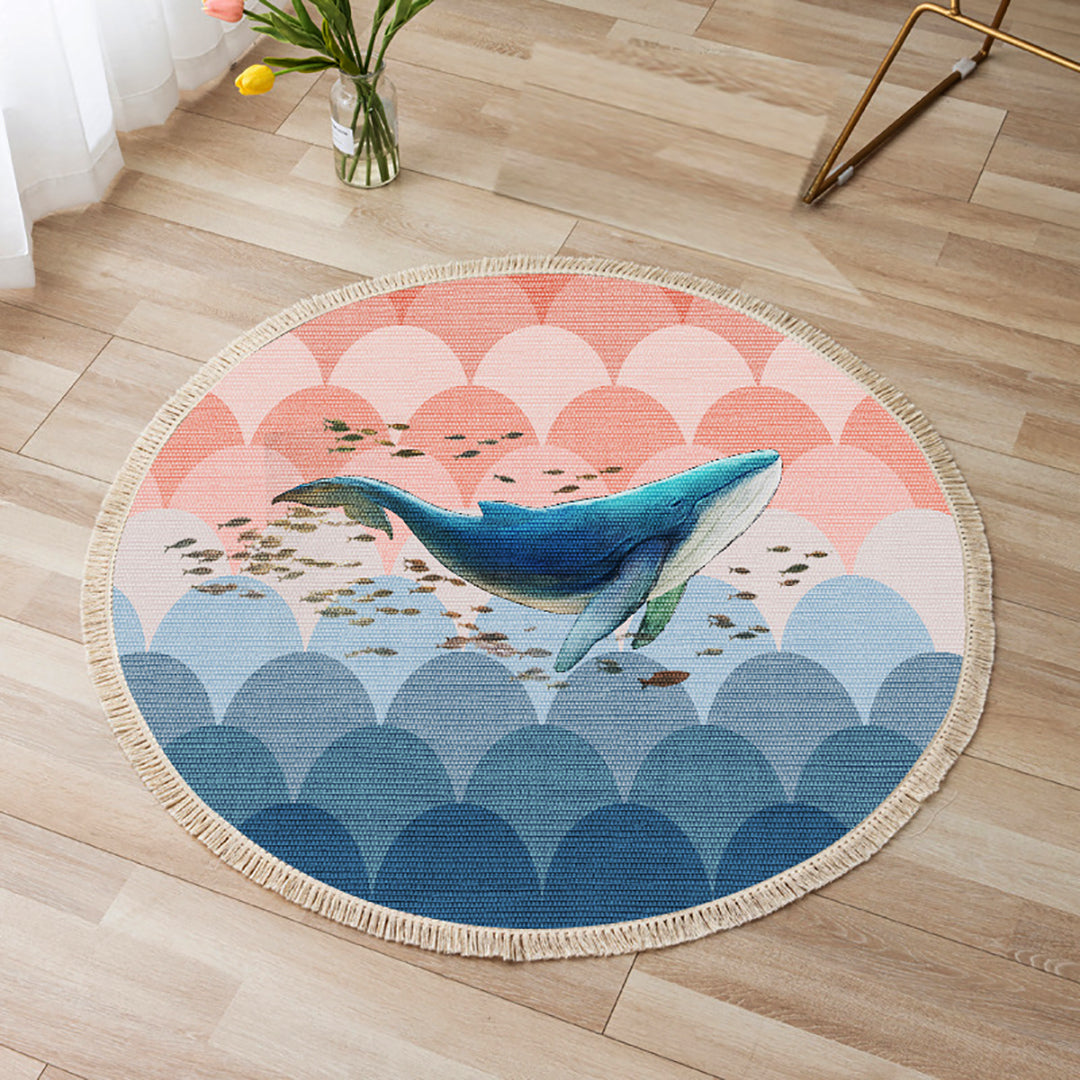Round Shark Print Tassel Rug 120cm