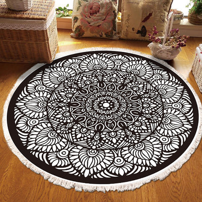 Modern Ethnic Mandala Round Rug with Tassel Print 120cm - Design 2