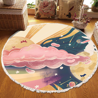 Round Boho Sky and Clouds Tassel Rug 120cm