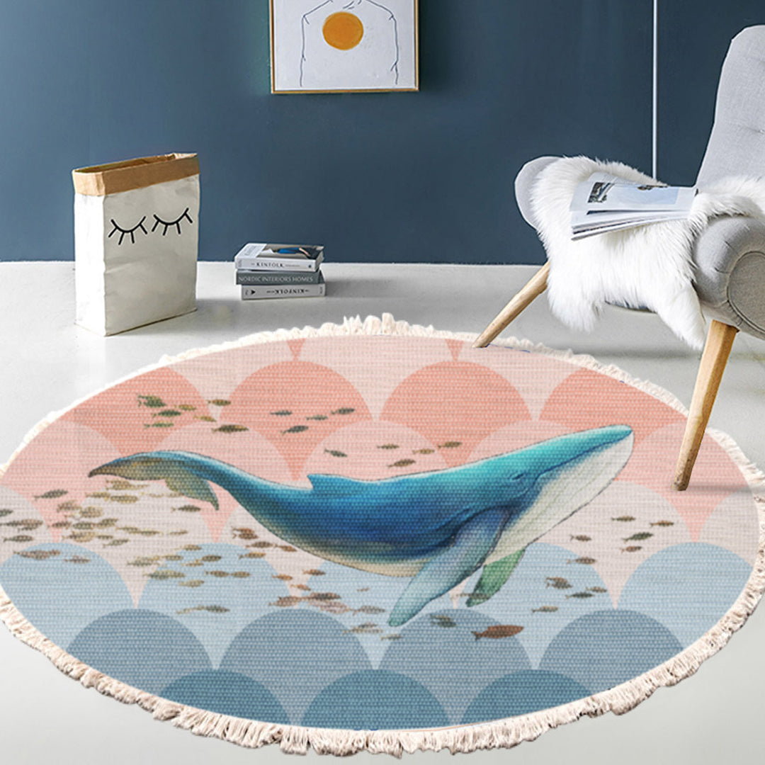 Round Shark Print Tassel Rug 120cm