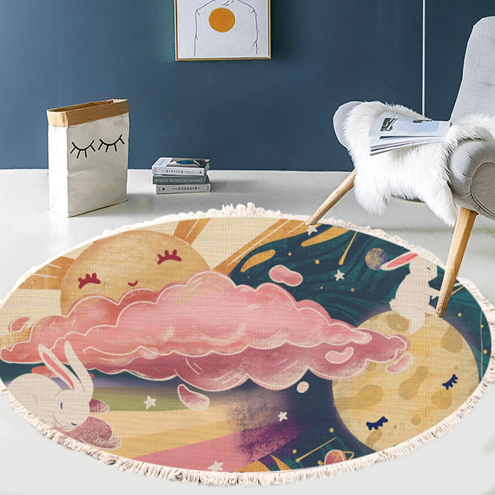 Round Boho Sky and Clouds Tassel Rug 120cm