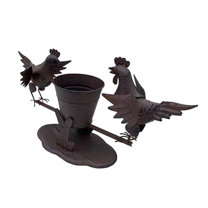 Rust Chooks w Planter On Base 26cm - Image 2