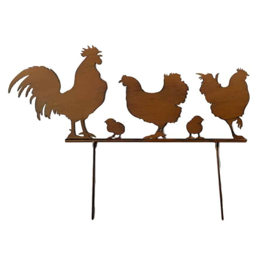 Rust metal chook family garden stake, 70cm