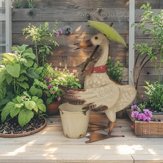 Standing Duck w Umbrella + Pot Planter 46cm - Image 2