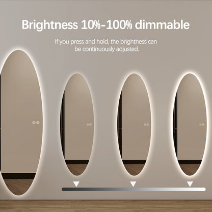 Modern Oval Glow LED Mirror 50cm × 150cm Frameless Tricolour Dimmable Wall Mounted Mirror