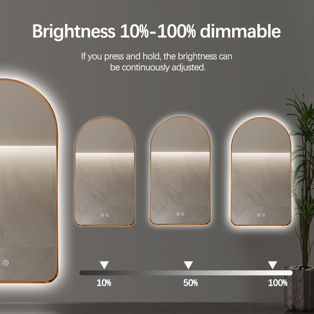Arched LED Wall Mirror 90cm x 50cm Gold Bevel Frame Backlit Dimmable Defogger