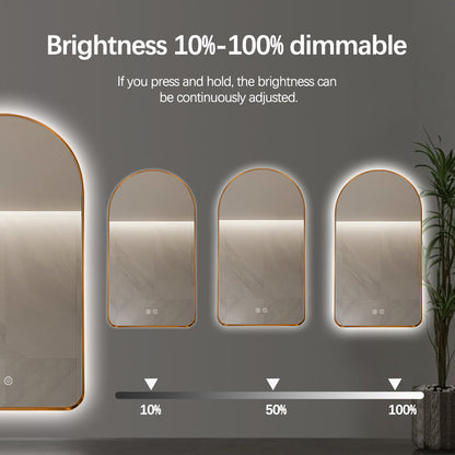Arched LED Wall Mirror 90cm x 50cm Gold Bevel Frame Backlit Dimmable Defogger