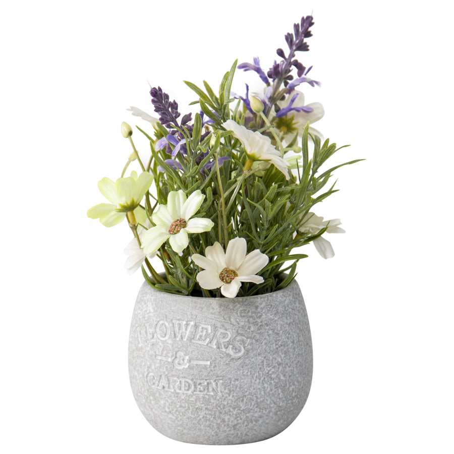 Artificial Lavender & Daisy Bunch in Grey Pot 22cm