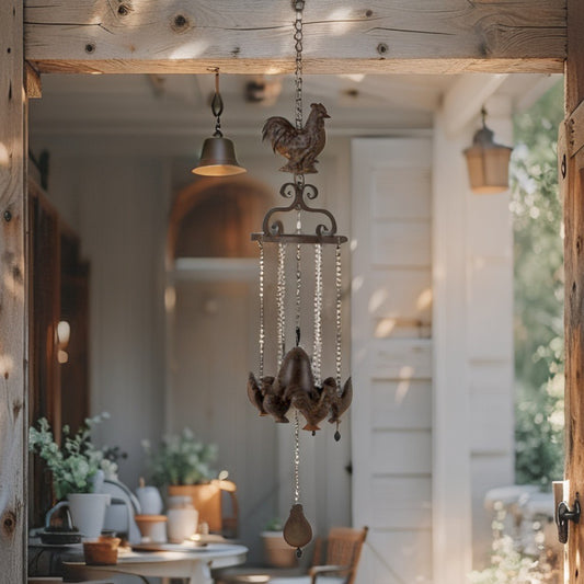 Cast iron hanging bell with row of chooks, 82cm, view 2