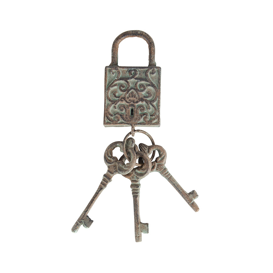 Antique Lock w 3 Keys on Ring 31cm