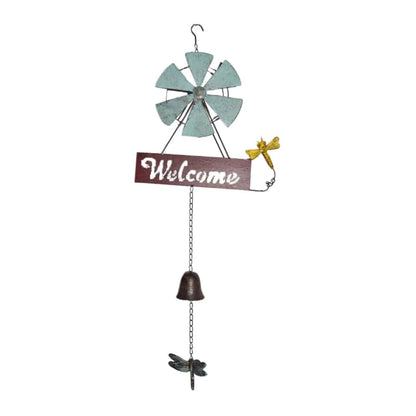 Hanging Welcome Windmill w Bell + Dragonfies 88cm