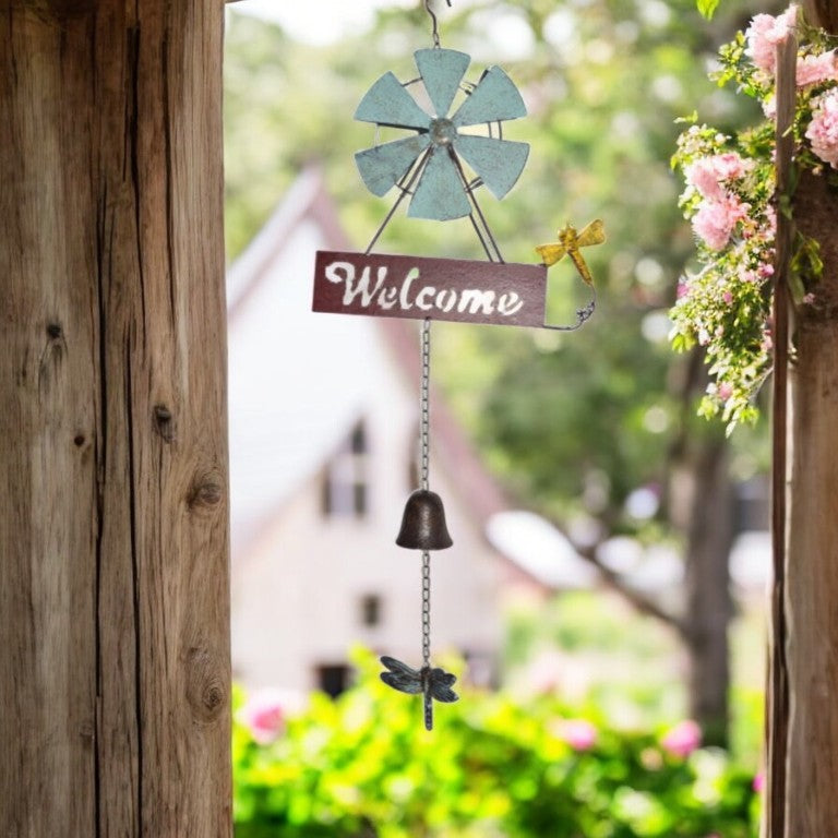 Hanging Welcome Windmill w Bell + Dragonfies 88cm - Image 2