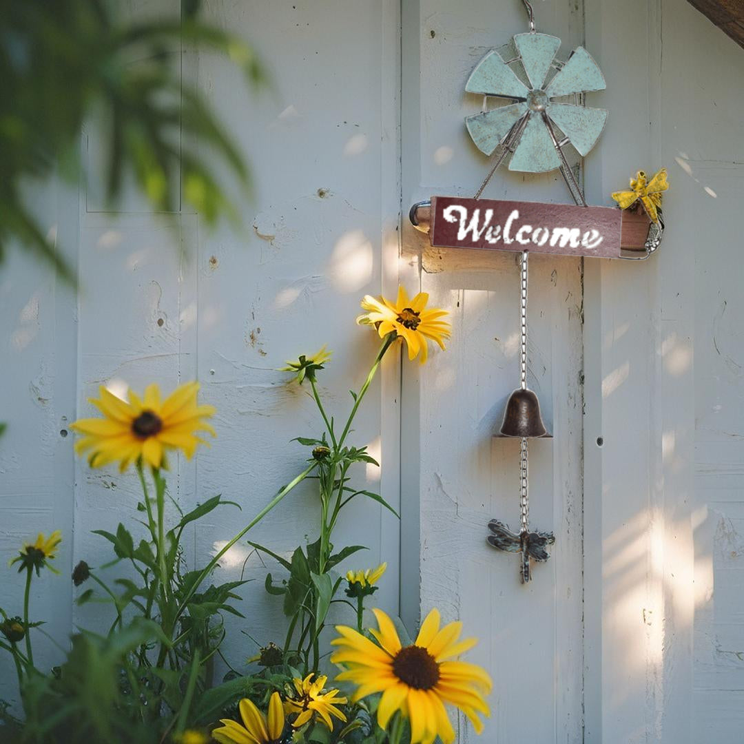 Hanging Welcome Windmill w Bell + Dragonfies 88cm - Image 3
