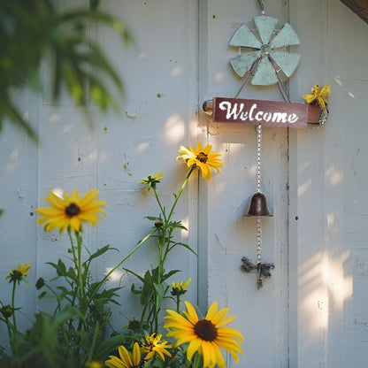 Hanging Welcome Windmill w Bell + Dragonfies 88cm - Image 3