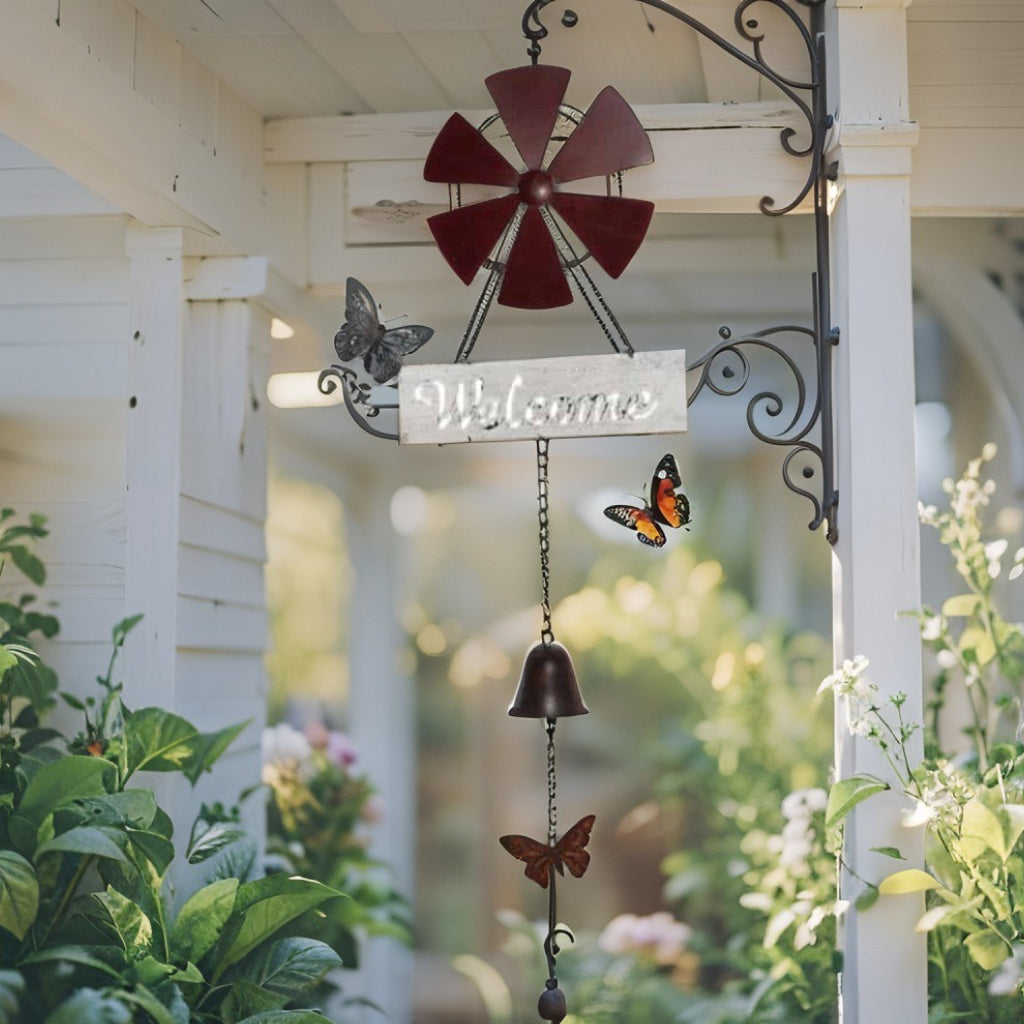 Hanging Welcome Windmill w Bell + Butterflies 88cm - Image 2