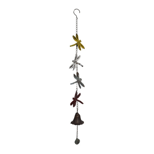 Hanging cast iron bell with four colourful dragonflies, 84cm