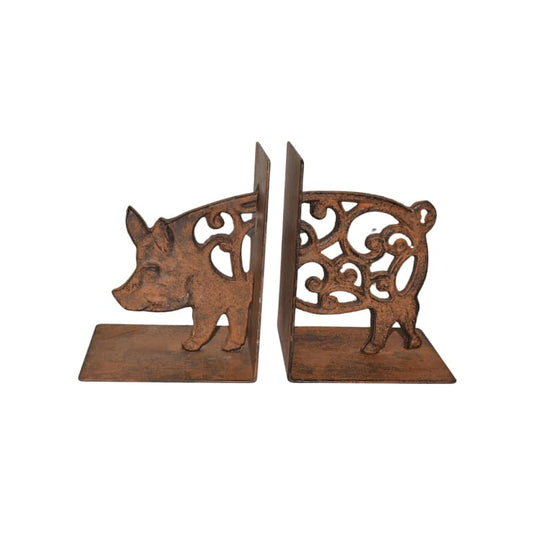 Cast iron pig bookends with fleur-de-lis detail, 14cm