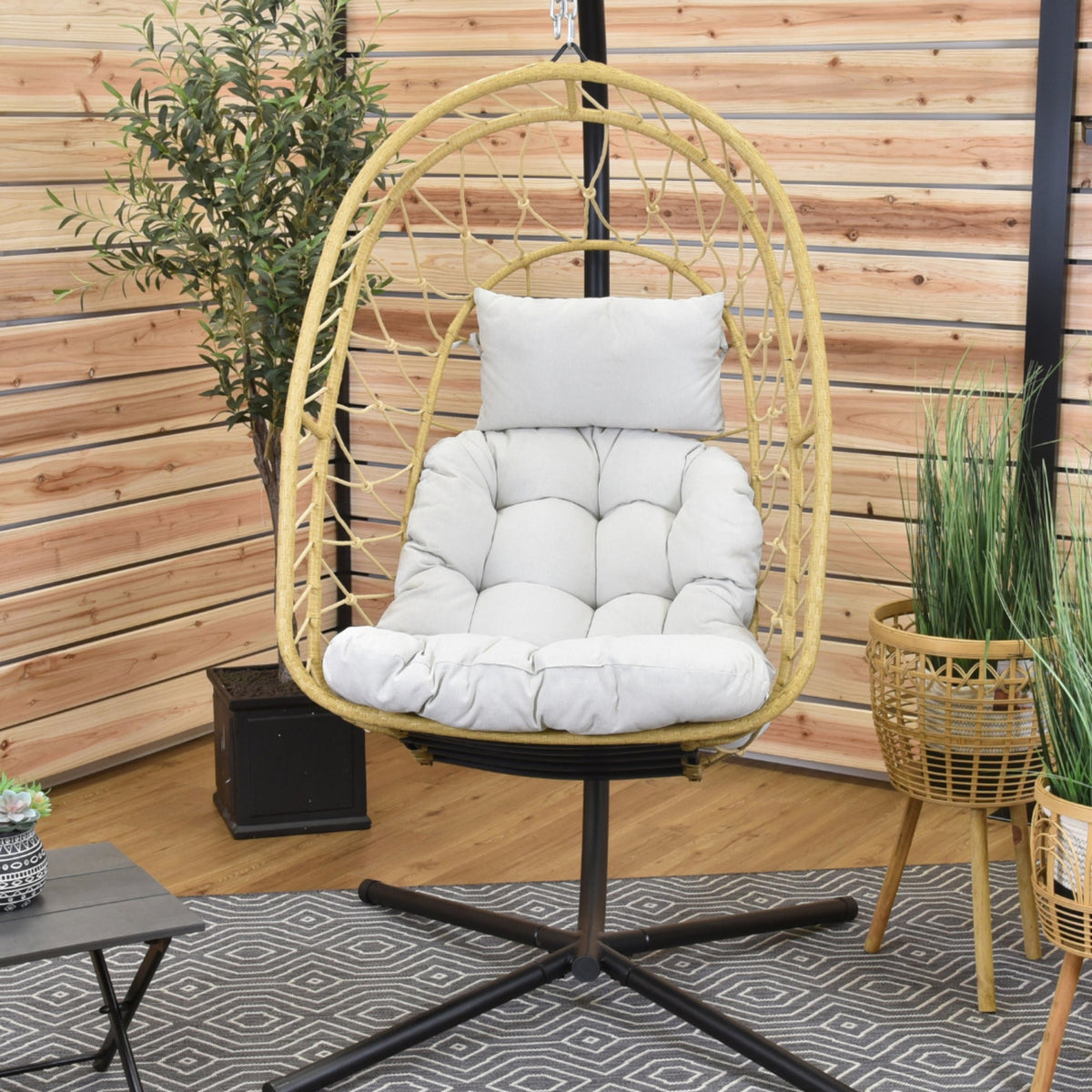 Vivere Deluxe Nest Chair with Phifer Geobella Cushion & Steel Stand - Cappuccino