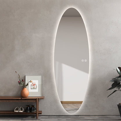 Modern Oval Glow LED Mirror 50cm × 150cm Frameless Tricolour Dimmable Wall Mounted Mirror