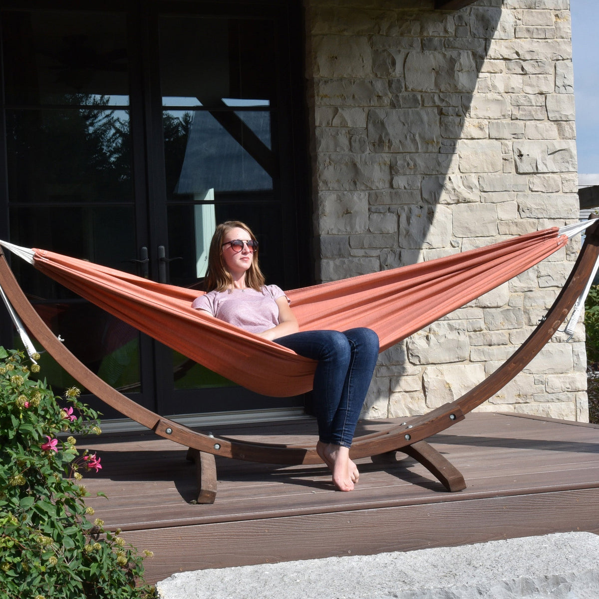 Vivere Double Sunbrella Hammock with Solid Pine Stand (260cm) - Coral