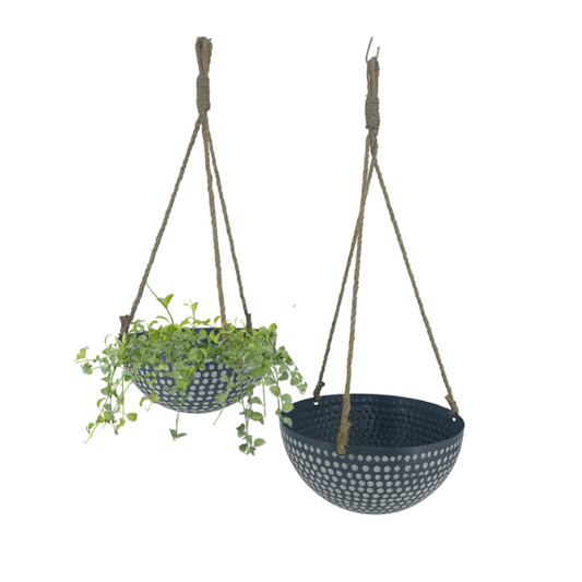 Set 2 Nested Hanging Dimple Planters w Rope 30cm - Image 2