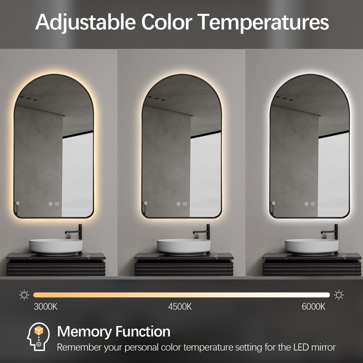 Arched LED Wall Mirror 130cm x 70cm Black Bevel Frame Backlit Dimmable Defogger