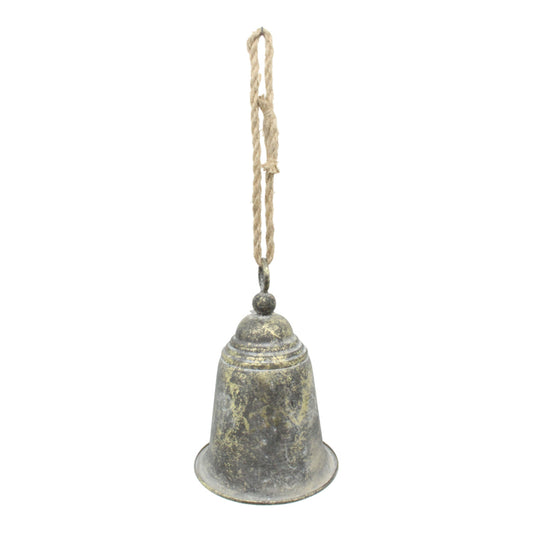 Rust metal hanging bell on rope, 28cm