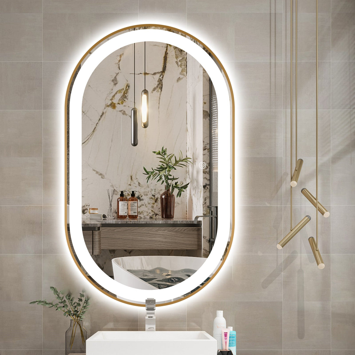 Gold Oval LED Bathroom 130cm x 70cm Frosted Edge Defogger Dimmable Wall Mirror