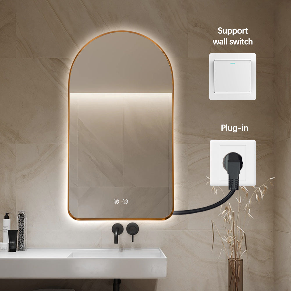 Arched LED Wall Mirror 90cm x 50cm Gold Bevel Frame Backlit Dimmable Defogger