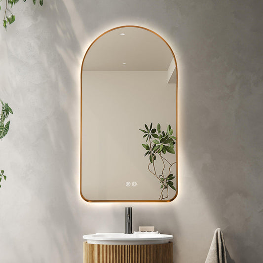 Arched LED Wall Mirror 100cm x 75cm Gold Bevel Frame Backlit Dimmable Defogger