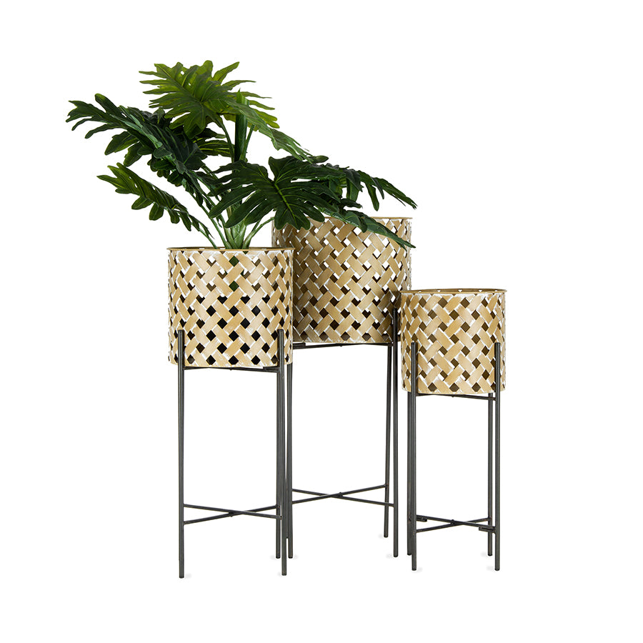 Set 3 Metal Weave Cane Stilted Planters 71cm - Image 2