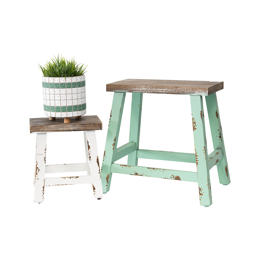 Set 2 Antique Finish Stools 39cm