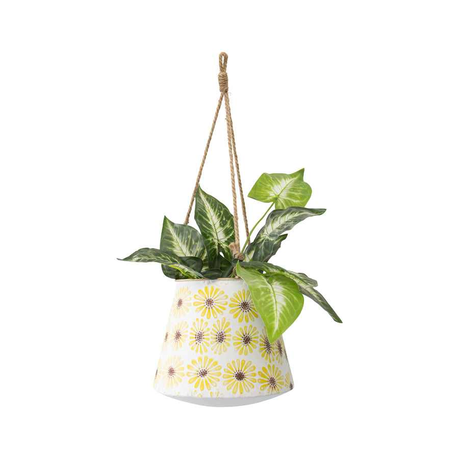 Pressed Metal Daisy Hanging Planter w Rope 60cm