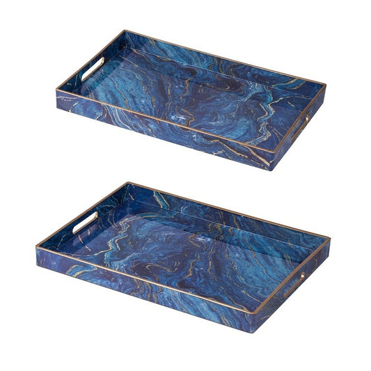 Set 2 Marble Patterned Blue Rectangular Trays 48cm
