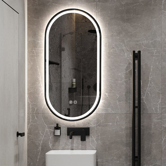 Black Oval LED Bathroom 90cm x 45cm Frosted Edge Defogger Dimmable Vanity Wall Mirror