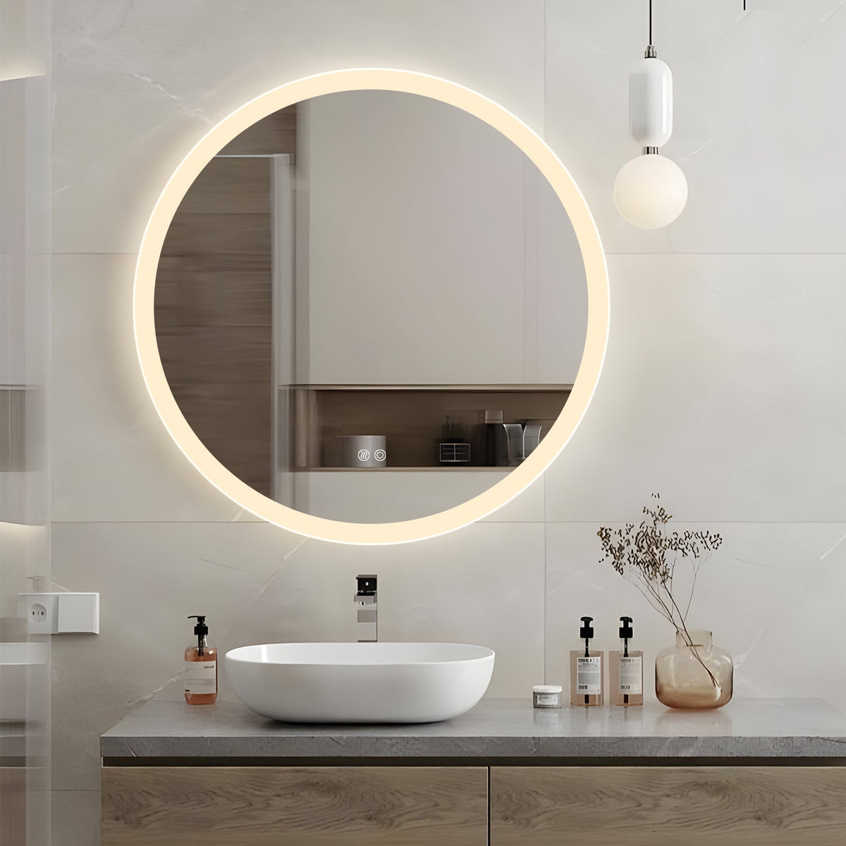 Round LED Mirror 60cm Frosted Defogger Dimmable 30mm Strip