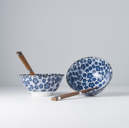 Bowl Set 2pcs with Chopsticks Blue Plum Design - Image 5