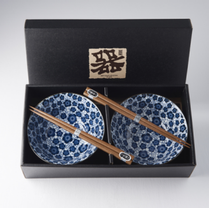 Bowl Set 2pcs with Chopsticks Blue Plum Design - Image 4