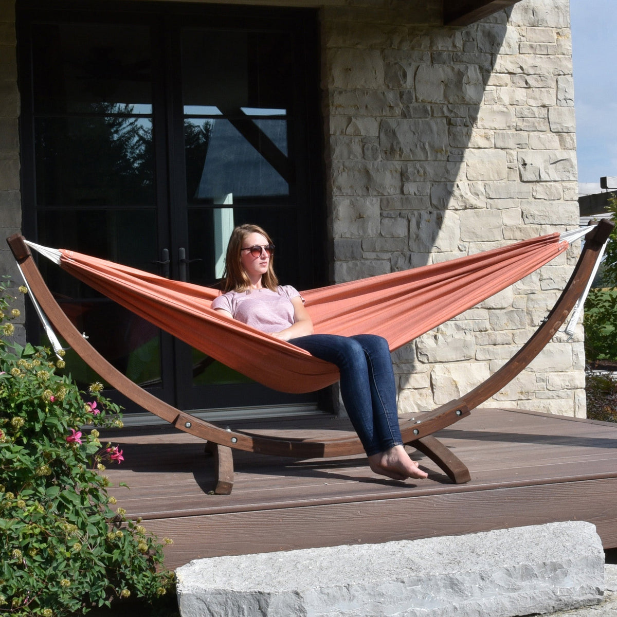 Vivere Double Sunbrella Hammock with Solid Pine Stand (260cm) - Coral