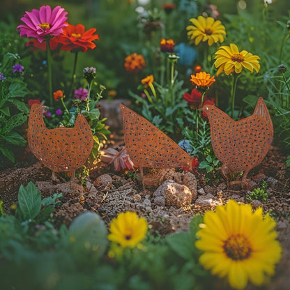 Set 3 Asst Rust Chook Family Garden Stakes 35cm - Image 2