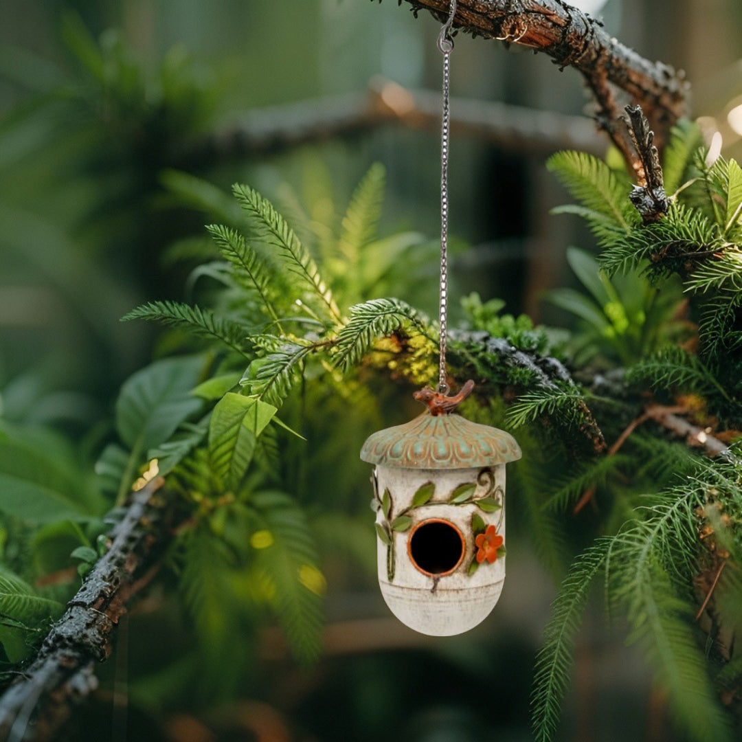 Hanging Birdhouse w Blue Roof + Perched Bird 59cm - Image 2