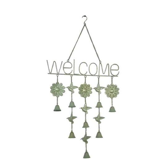 Hanging 'Welcome' Sign w Birds + Bells 85cm