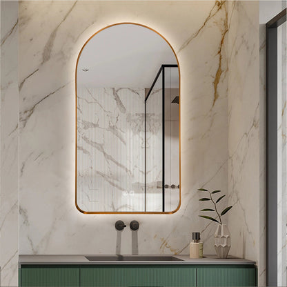 Arched LED Wall Mirror 100cm x 75cm Gold Bevel Frame Backlit Dimmable Defogger