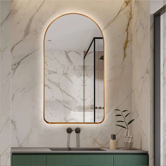 Arched LED Wall Mirror 100cm x 75cm Gold Bevel Frame Backlit Dimmable Defogger